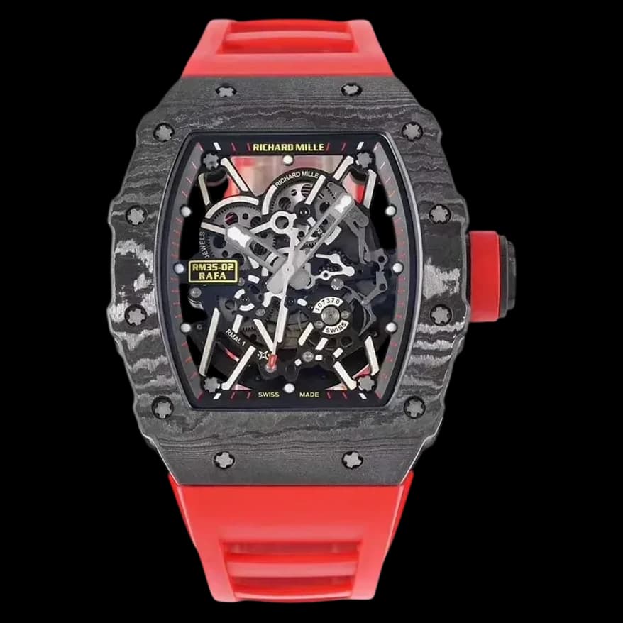 Front view of the replica Richard Mille RM35-02 featuring a skeleton dial and red rubber strap.