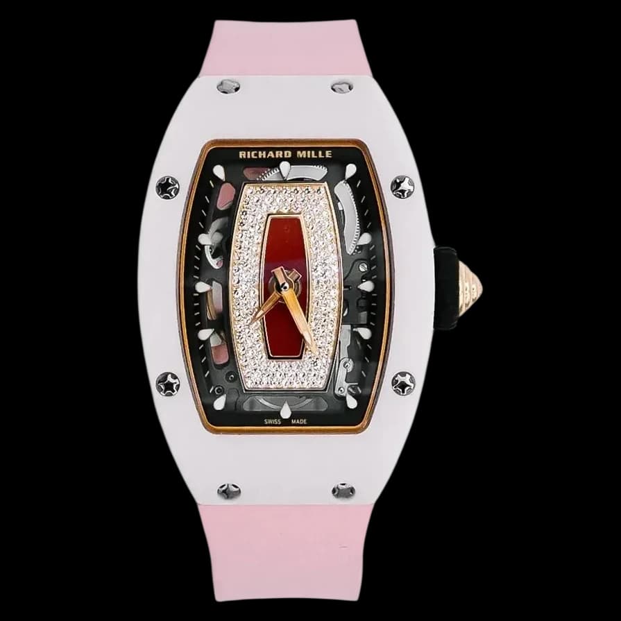Front view of the pink ceramic Richard Mille RM 07-01 replica watch featuring a skeleton diamond dial.