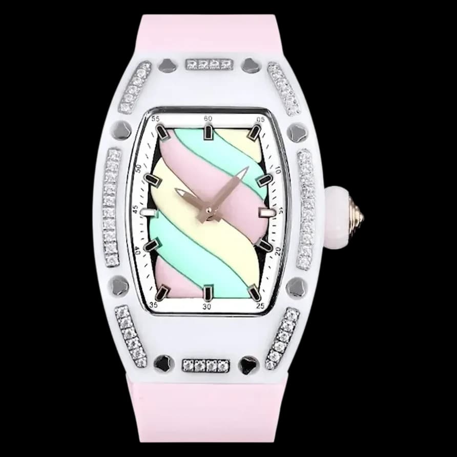 Front view of the Swiss replica Richard Mille RM 07-01 Bonbon pink marshmallow ladies luxury watch.