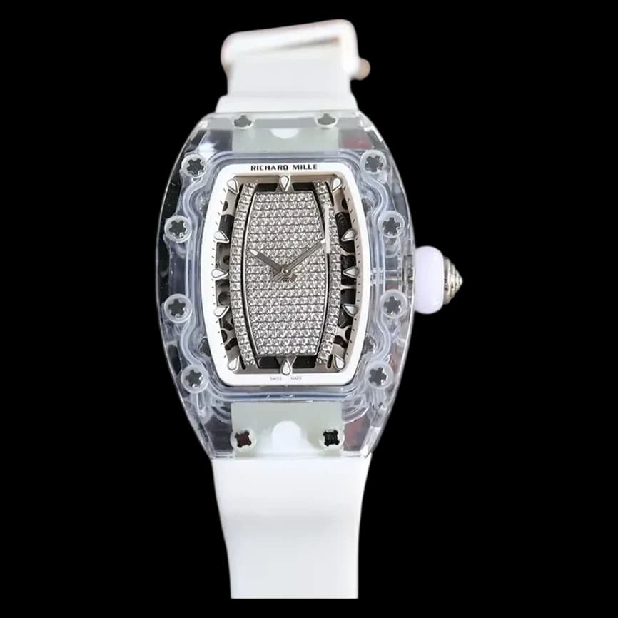 Front view of super clone Richard Mille RM 07-02 replica with diamond pavé dial and sapphire crystal case.