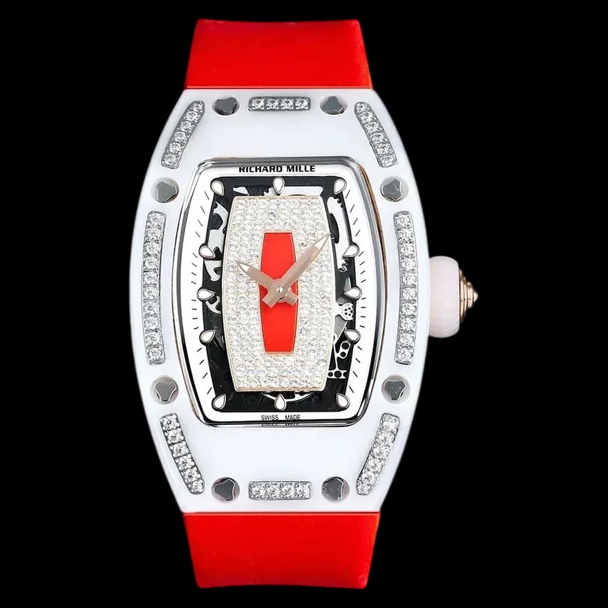Front view of the replica Richard Mille RM07-01 super clone watch featuring a ceramic case and diamond bezel.