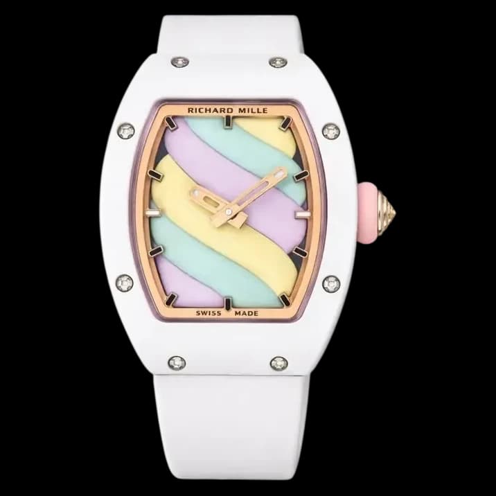 Front view of the Richard Mille RM 07-03 replica featuring a white ceramic case and pastel swirl dial.