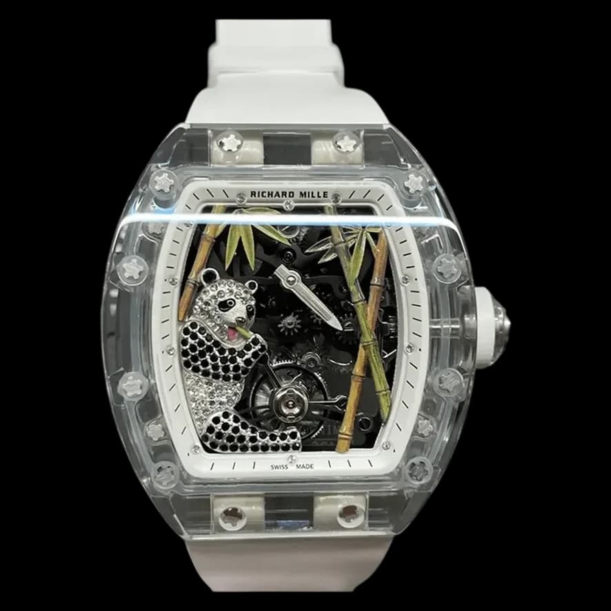 Front view of the Richard Mille RM 26-01 replica featuring a 3D panda dial and transparent sapphire case.