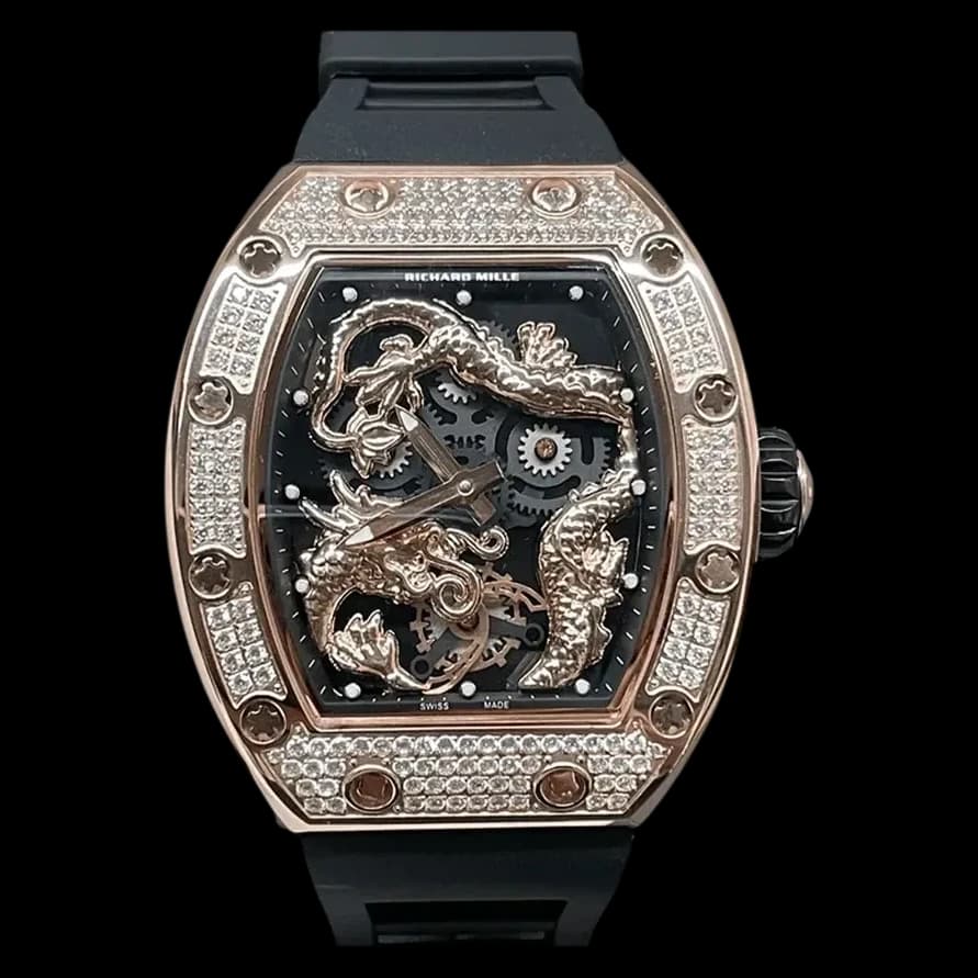 Front view of the Swiss Richard Mille RM 51-01 replica featuring the intricate tiger and dragon skeleton dial.