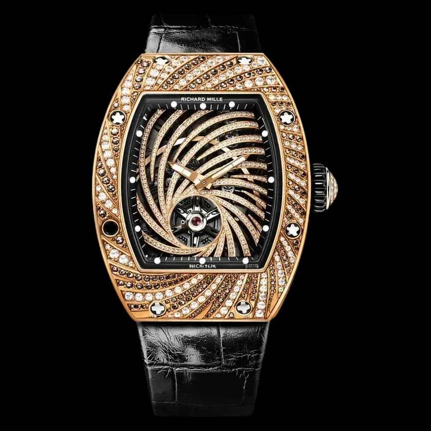 Front view of the Richard Mille RM 51-02 replica featuring the diamond swirl dial and rose gold case.