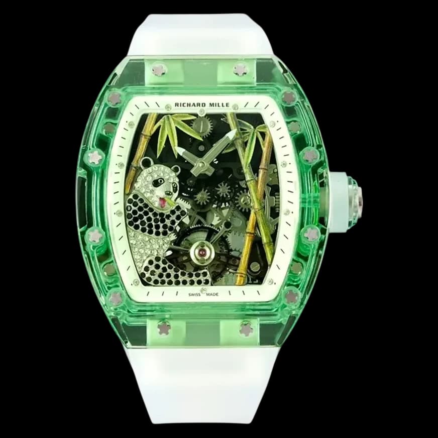 Luxury Richard Mille RM 26-01 panda tourbillon replica featuring a full crystal case and white strap.