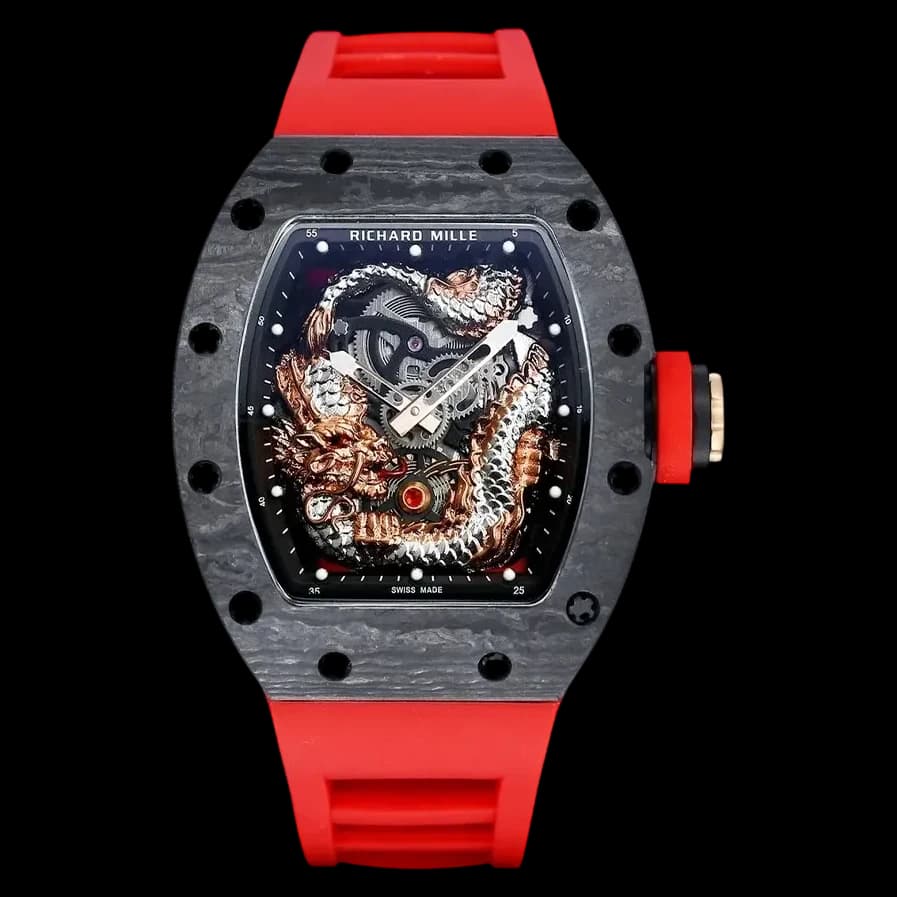 Front view of the Swiss replica Richard Mille RM 57-03 showcasing the intricate 3D dragon skeleton dial.