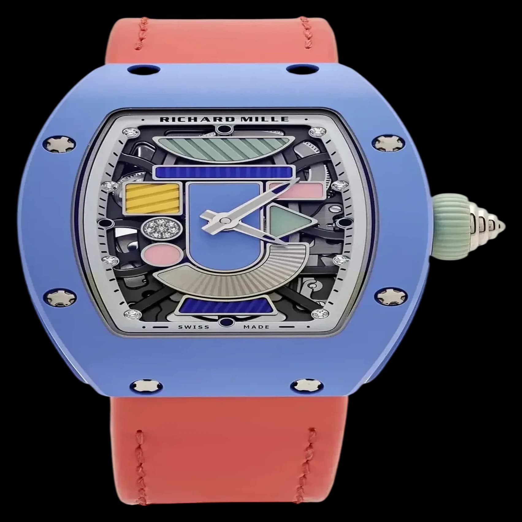 Front view of the Richard Mille RM 07-01 powder blue super clone showcasing the artistic geometric dial.