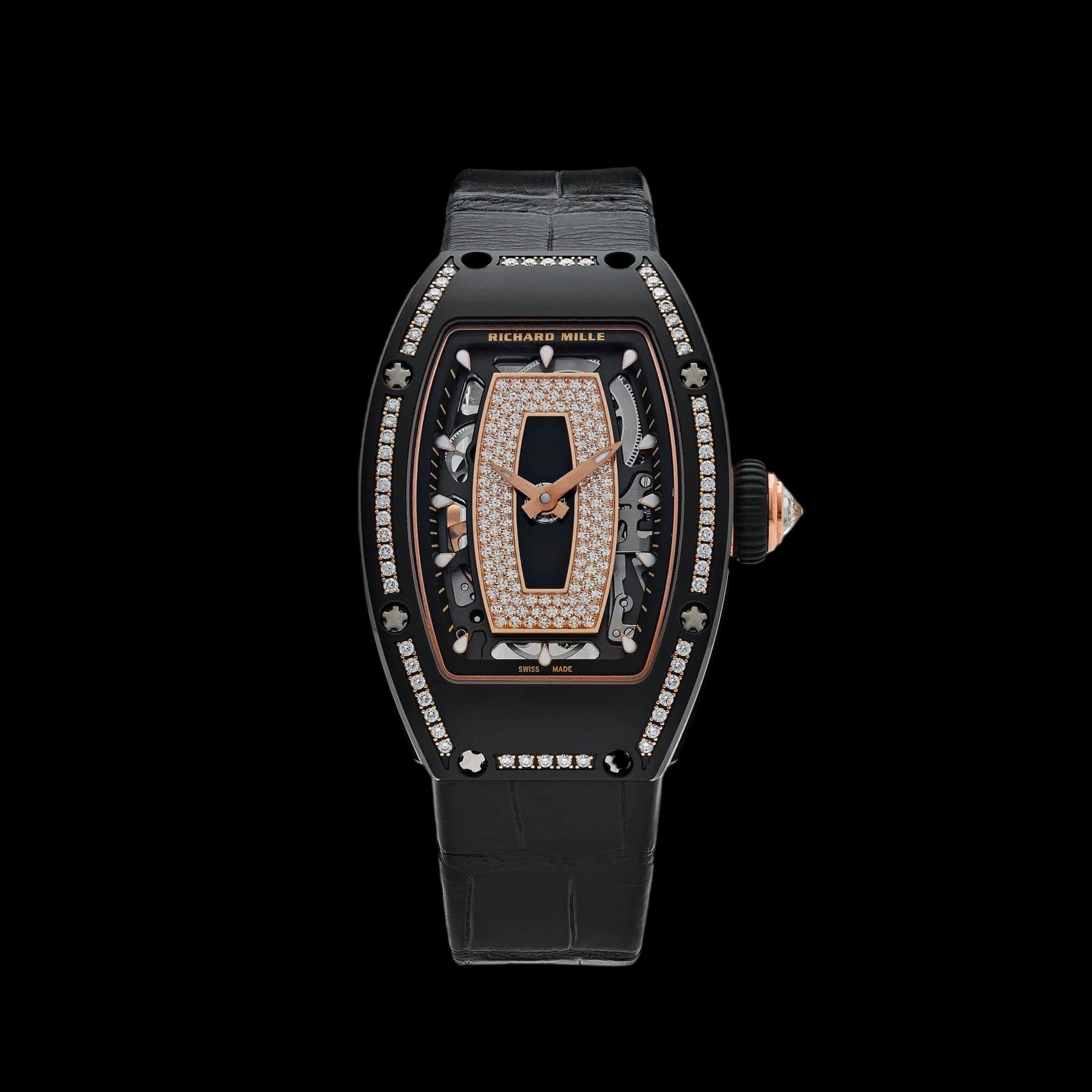 Richard Mille RM 07-01 black ceramic diamond set luxury women's watch with tonneau case