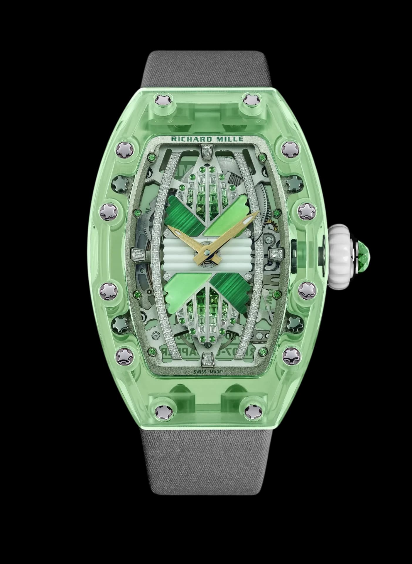 Richard Mille RM 07-02 green sapphire automatic luxury watch with skeleton movement and tonneau case