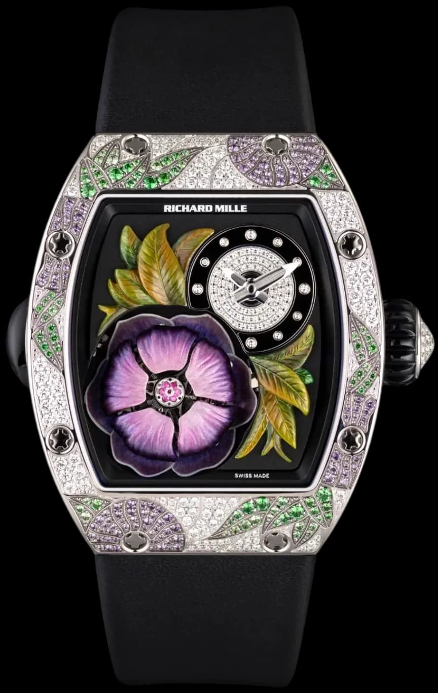Richard Mille RM 19-02 Tourbillon Fleur luxury watch with diamond set case and purple flower dial