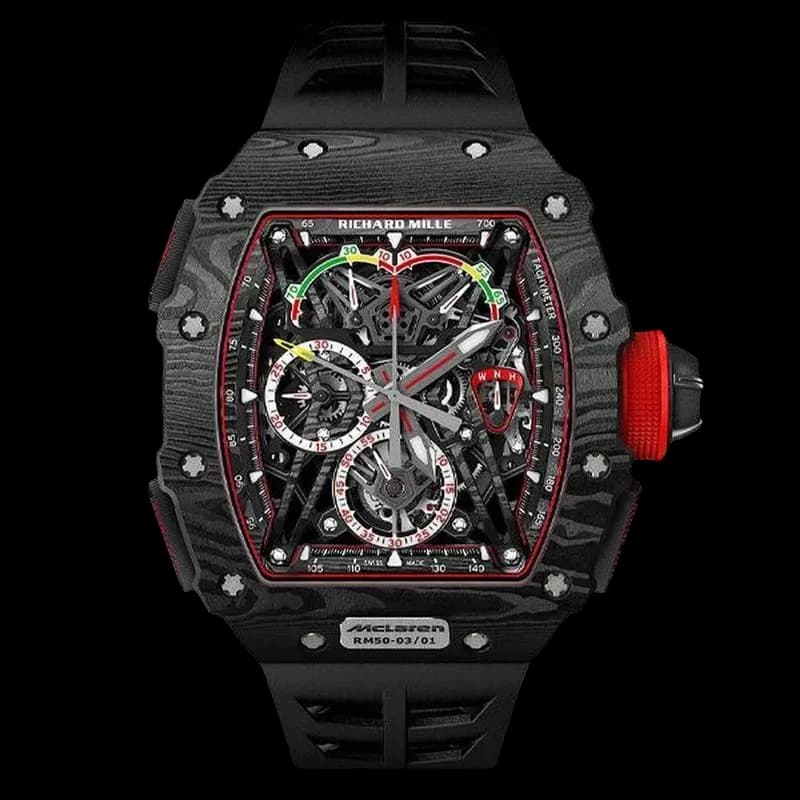 Richard Mille RM 50-03 McLaren F1 tourbillon split seconds chronograph luxury watch with carbon case and skeleton dial