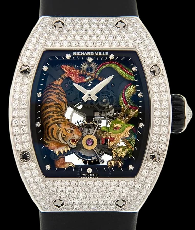 Richard Mille RM 51-01 Tiger and Dragon tourbillon luxury watch with diamond set case and skeleton movement