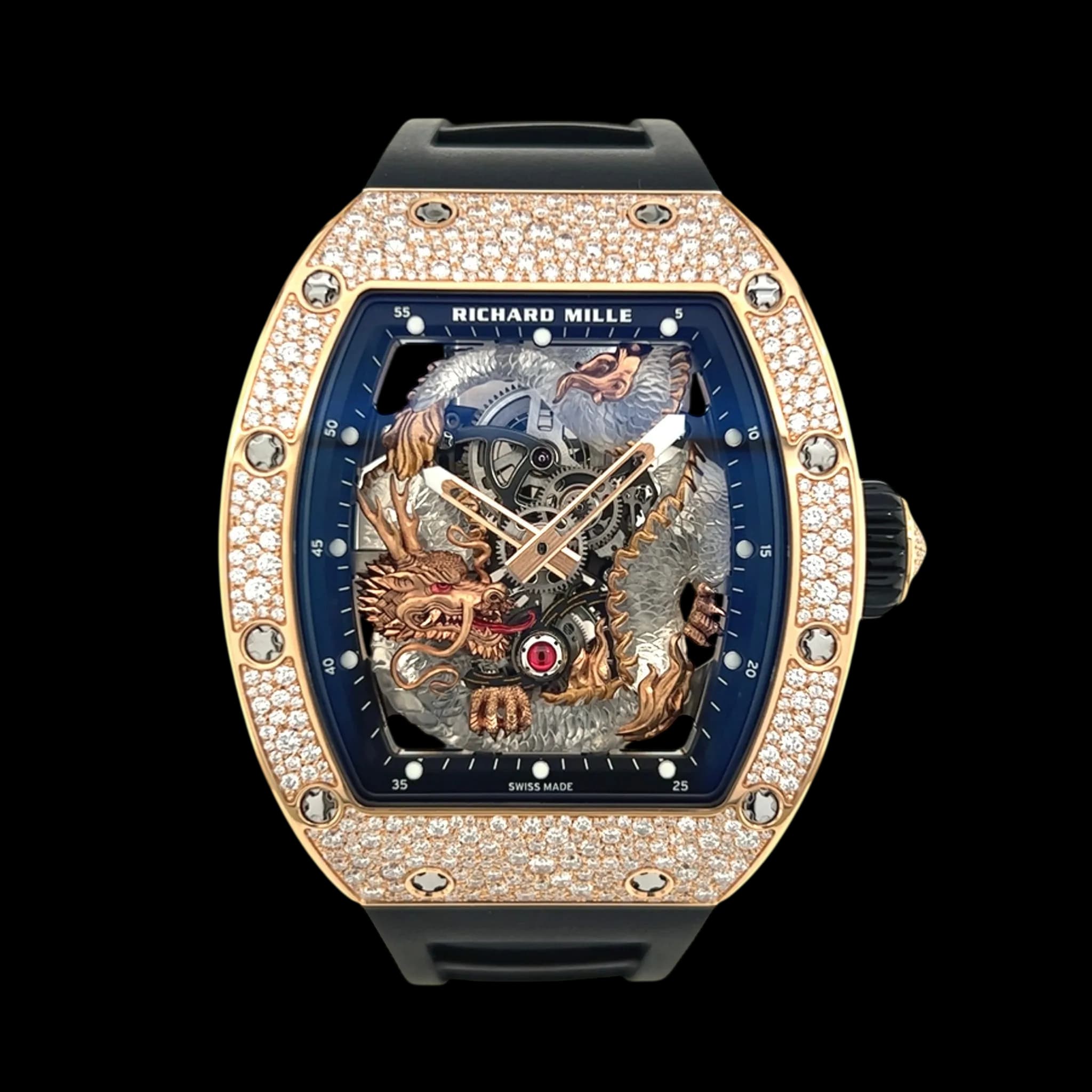 Richard Mille RM 57-01 Dragon tourbillon luxury watch with diamond set rose gold case and skeleton movement